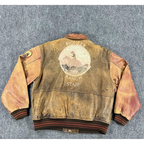 Vintage Pioneer Wear Jacket Mens XL Brown Leather Western Ranch Staff Bomber 80s - Picture 2 of 13